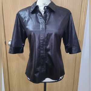 Guess Vintage Y2k Black Satin Leather Look Matrix Vibes Zip Up Collared Shirt